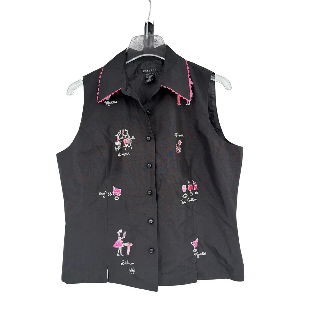Silkland Black 100% Silk Cocktail Embroidery Vest Top Pink‎ Trim Size 8